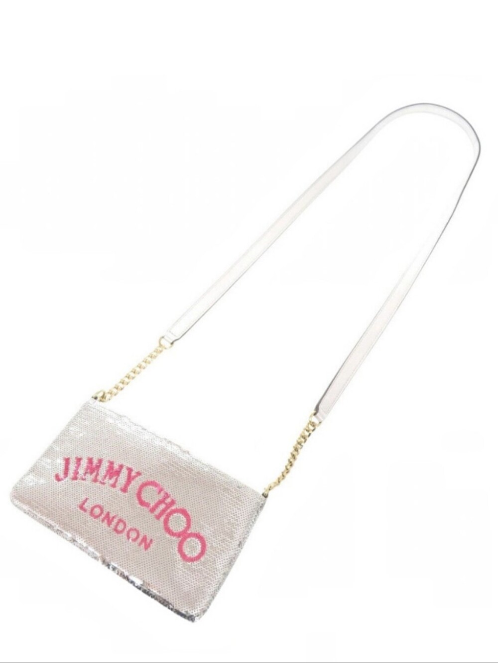 EUC Jimmy Choo Silver Sequin Crossbody with Pink Logo!